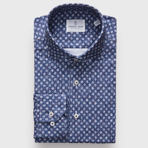 Emanuel Berg - Byron - Chemise manches longues à motifs Albini 4Flex - Modern Fit - Marine Online Sale