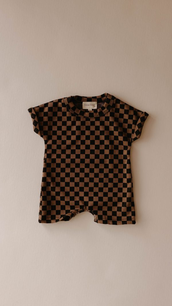 Black & Brown Checkerboard | Short Sleeve Ribbed Romper Online now