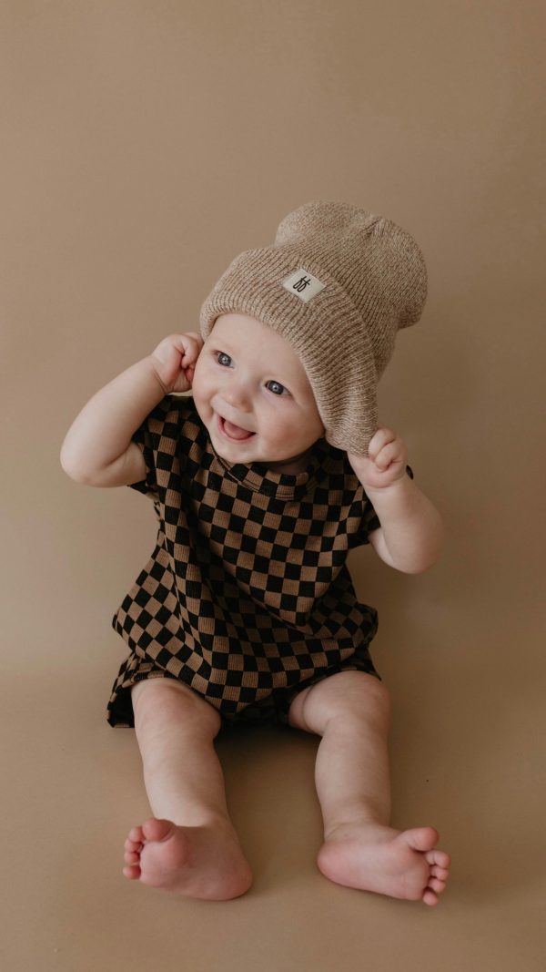 Black & Brown Checkerboard | Short Sleeve Ribbed Romper Online now